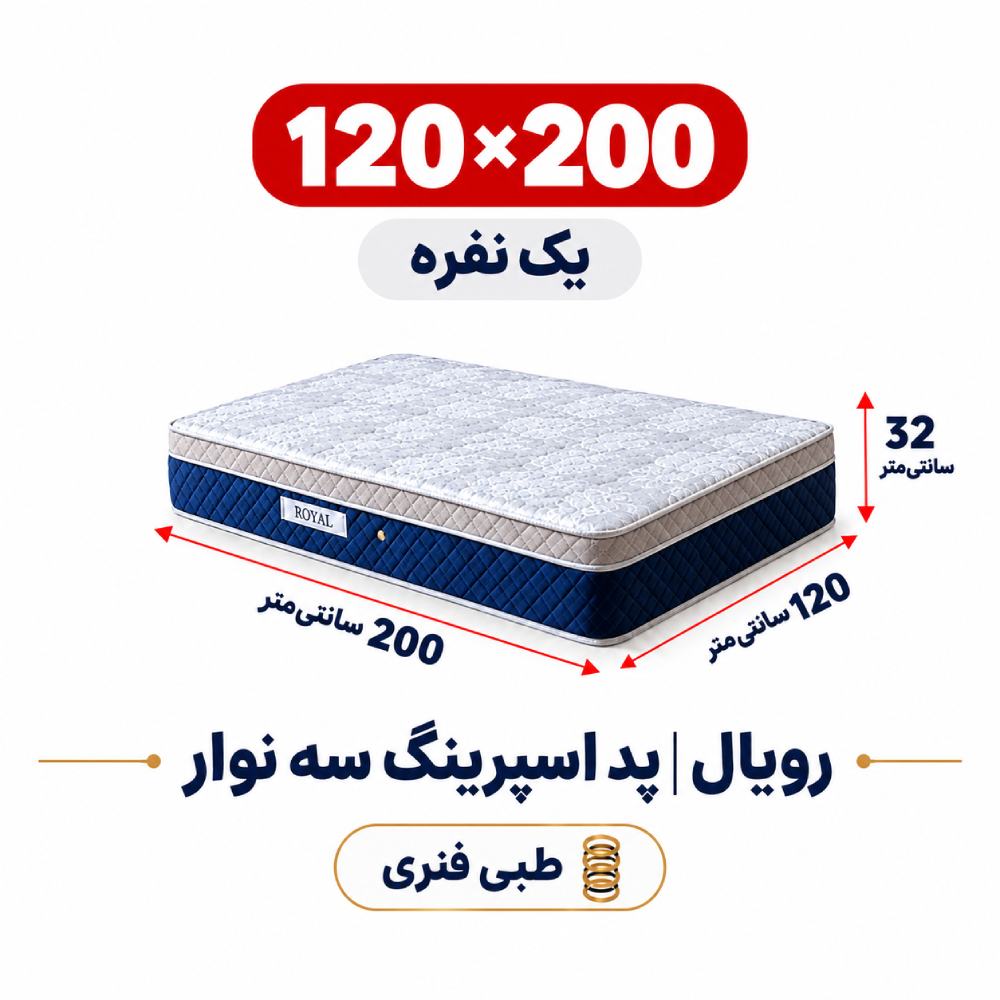 تشک رویال طبی فنری پد اسپرینگ سه نوار یک نفره 120_200 تشک رویال طبی فنری پد اسپرینگ سه نوار یک نفره 120_200